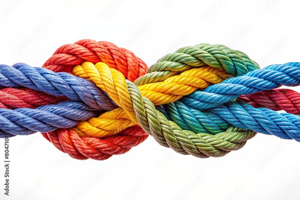 Bright colored ropes are beautifully woven into a weave on a white background. A symbol of unity, diversity and teamwork.