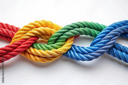 Colorful ropes neatly woven together into a beautiful weave on a white background. A symbol of unity, diversity and teamwork.