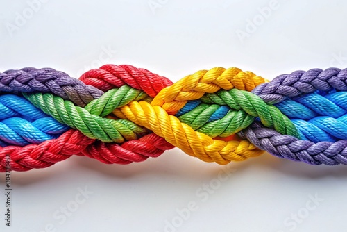 Colorful ropes intricately woven together into a beautiful weave on a white background. A symbol of unity, diversity and teamwork.