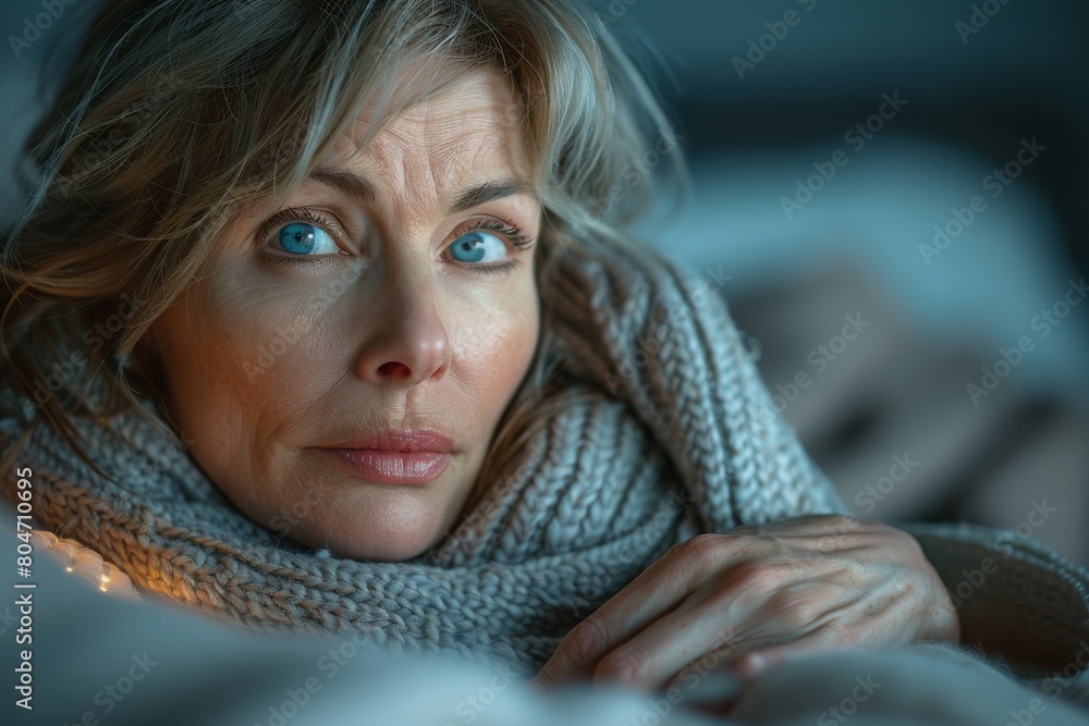 Close-up of a mature woman with striking features and an intense gaze, wrapped in a soft scarf Close-up of a mature woman with striking features and an intense gaze, wrapped in a soft scarf