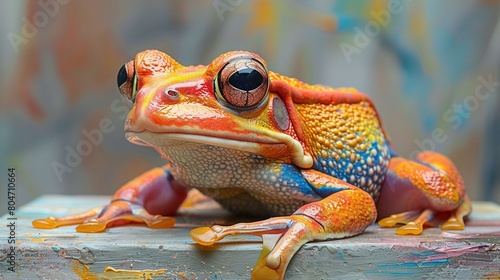   A vibrantly hued frog perched on a wooden plank adjacent to an arboreal portrait photo