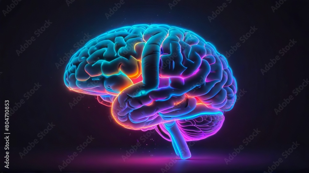 Neon lit human brain illustration in dark blue and pink. Futuristic digital art of glowing brain. Concept of neuroscience, brain activity, mental health, intellect, cognitive science, smart thinking