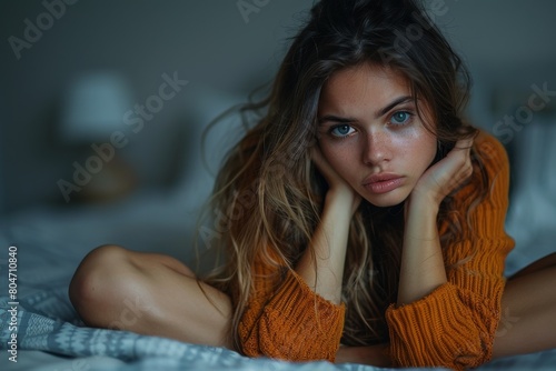 A young woman with mesmerizing eyes sits in bed, looking pensive and disheveled photo