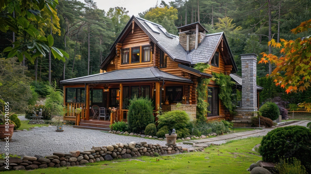 A picturesque wooden cabin with inviting porches surrounded by an array of autumn colors in the mountain setting A picturesque wooden cabin with inviting porches surrounded by an array of autumn colors in the mountain setting