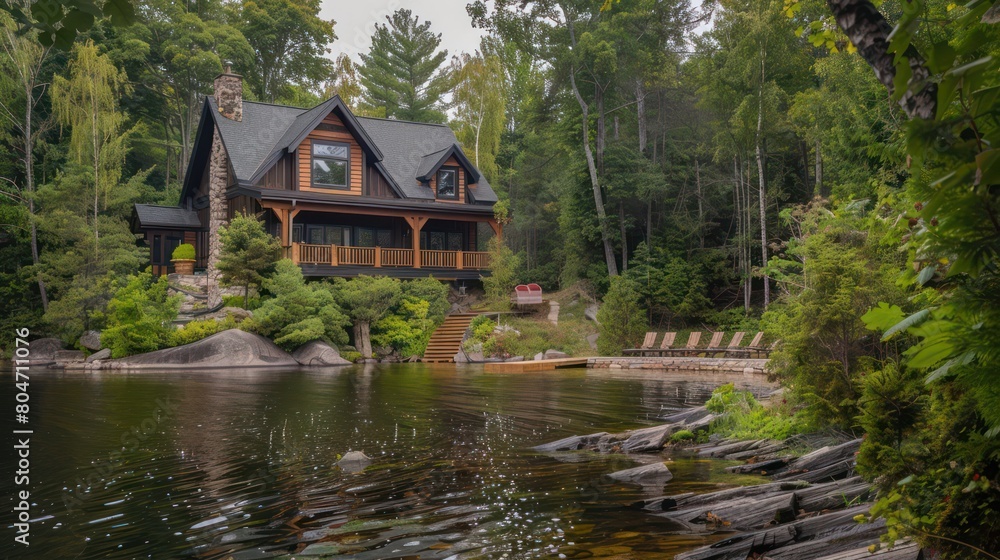 Nestled in lush woods, this quaint cabin overlooking a rocky lakeshore embodies rustic charm and comfort Nestled in lush woods, this quaint cabin overlooking a rocky lakeshore embodies rustic charm and comfort