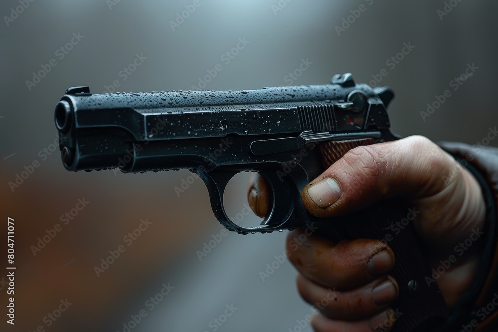 A gripping image of a hand securely holding a handgun, glistening with raindrops, depicting readiness and power A gripping image of a hand securely holding a handgun, glistening with raindrops, depicting readiness and power