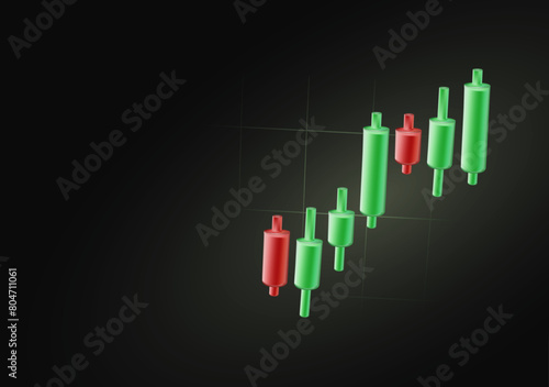 Crypto market stock market trading banner 3D. Sall and buy assets. 3D candlestick chart with rise price on stock market. Investments revenue growth. Vector illustration