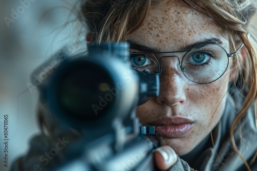 A woman with sharp focus looks through a rifle scope, demonstrating precision and expertise in marksmanship photo