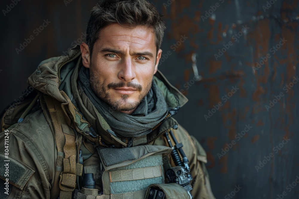 Obraz premium A male soldier with intense eyes wears tactical gear and a scarf, conveying stoicism and readiness