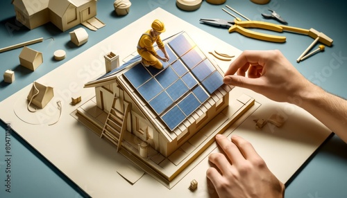 3D Layered Paper Art of a Construction Worker Installing Solar Panels