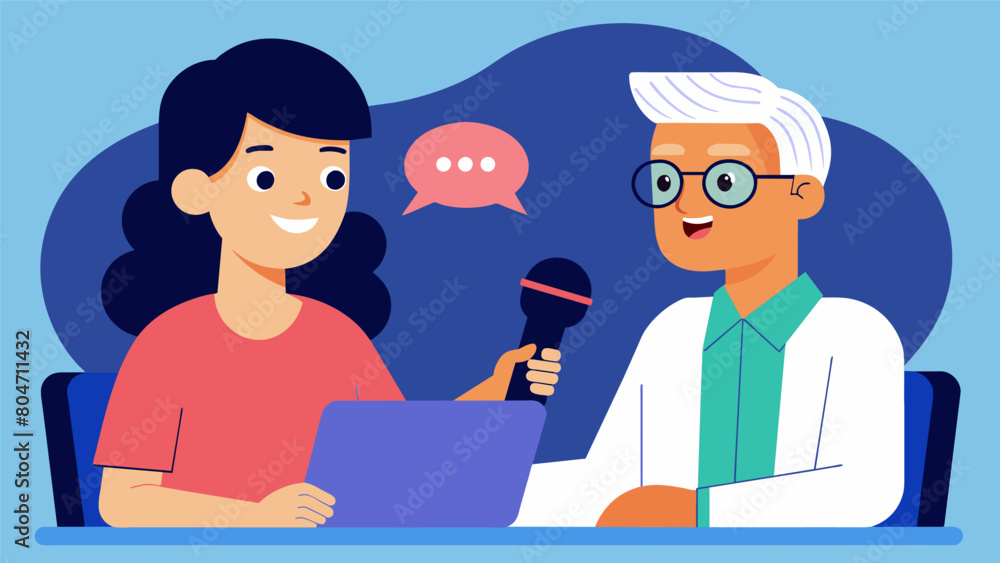 A journalist interviews a neurodivergent screenwriter whose work has been praised for its authentic portrayal of characters with various neurological. Vector illustration A journalist interviews a neurodivergent screenwriter whose work has been praised for its authentic portrayal of characters with various neurological. Vector illustration