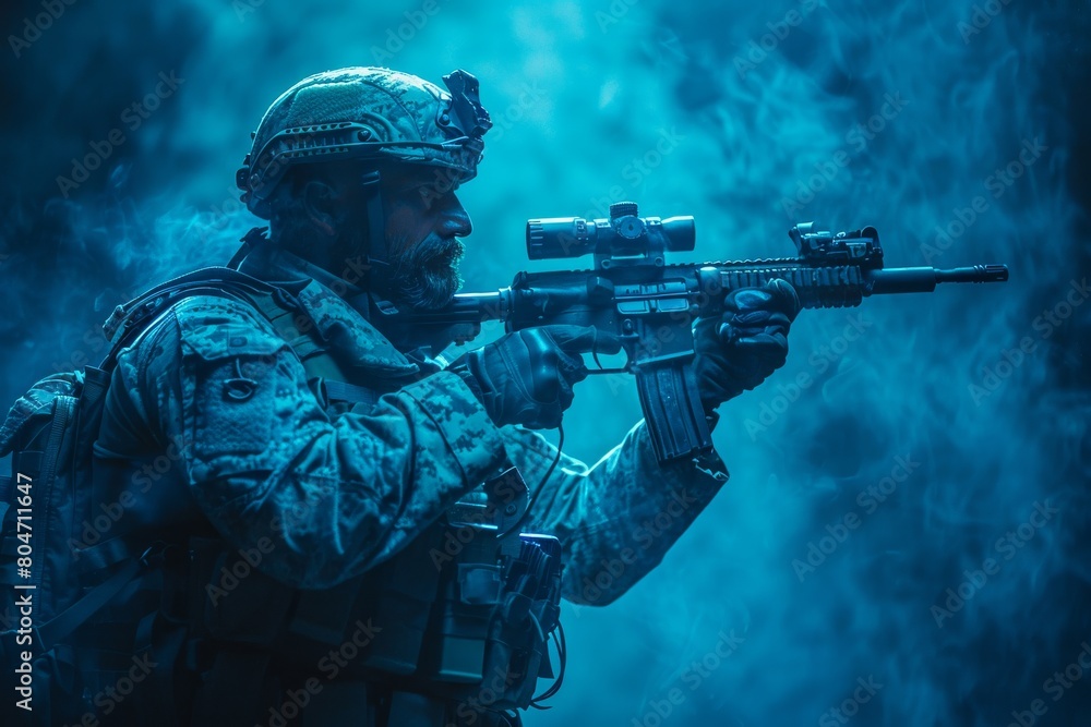 A soldier, surrounded by an ethereal blue haze, takes aim with a firearm in a tense and dramatic scene A soldier, surrounded by an ethereal blue haze, takes aim with a firearm in a tense and dramatic scene