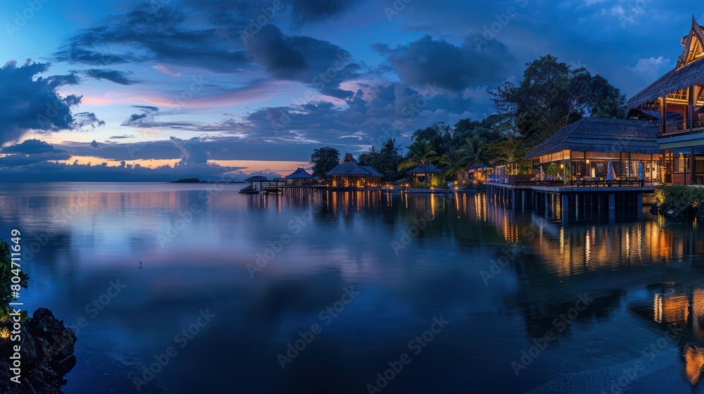Obraz premium The panoramic twilight scenery of an exotic waterfront resort with traditional architecture