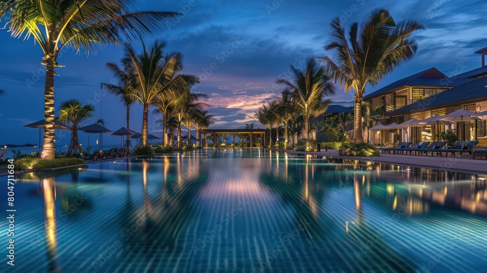 Obraz premium A serene twilight view capturing the reflection in a still infinity pool at a luxurious beachside resort