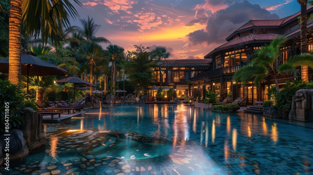 A breathtaking view of a luxurious resort pool surrounded by tropical palm trees during a vivid sunset A breathtaking view of a luxurious resort pool surrounded by tropical palm trees during a vivid sunset