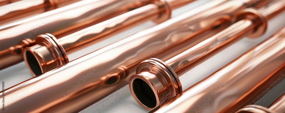 Naklejka premium stack of shiny copper plumbing pipes on a white background.