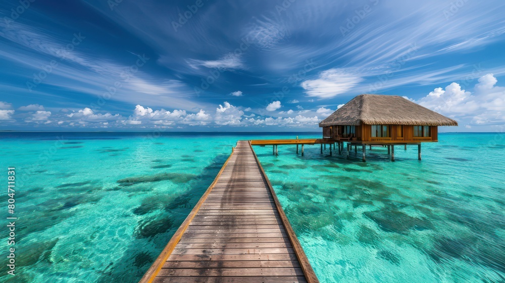 Crystal clear turquoise waters stretching into the horizon, with a single overwater bungalow and peaceful sky Crystal clear turquoise waters stretching into the horizon, with a single overwater bungalow and peaceful sky
