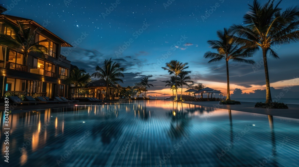This stunning image captures a luxurious resort poolside set against a star-filled night sky, reflecting stars in the calm pool water