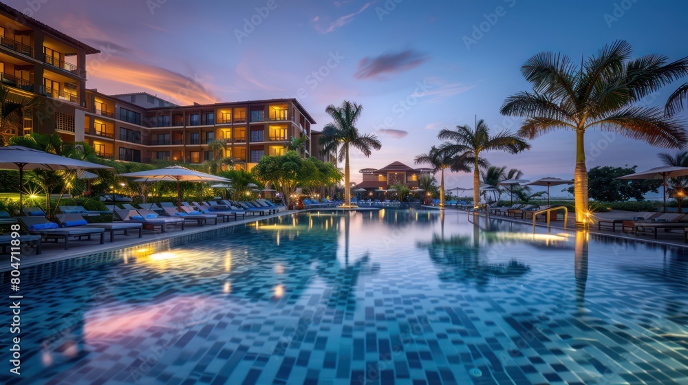 An inviting luxurious resort poolside bathed in the warm golden light of dusk with reflections of a setting sun in the water An inviting luxurious resort poolside bathed in the warm golden light of dusk with reflections of a setting sun in the water