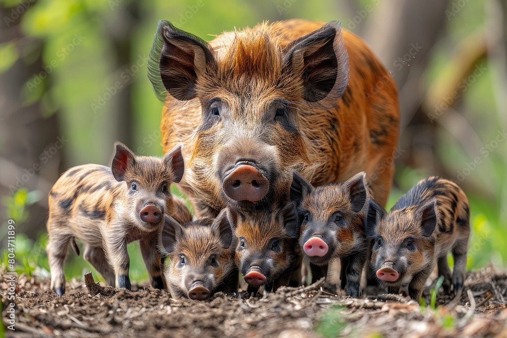 Intimate close-up of a protective wild boar mother with her piglets in a natural forest setting Intimate close-up of a protective wild boar mother with her piglets in a natural forest setting