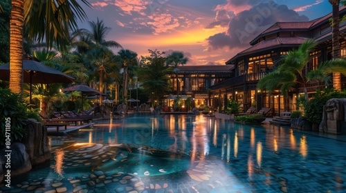 A breathtaking view of a luxurious resort pool surrounded by tropical palm trees during a vivid sunset