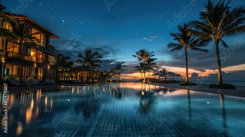 This stunning image captures a luxurious resort poolside set against a star-filled night sky  reflecting stars in the calm pool water