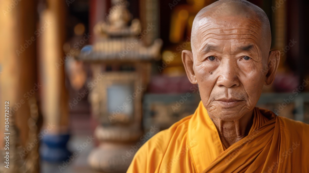 Naklejka premium Traditional Buddhist Monk Older Man. Standing in Temple Monastery.. Serious Look Centered Portrait. Concept of Religion, Robes, and Praying
