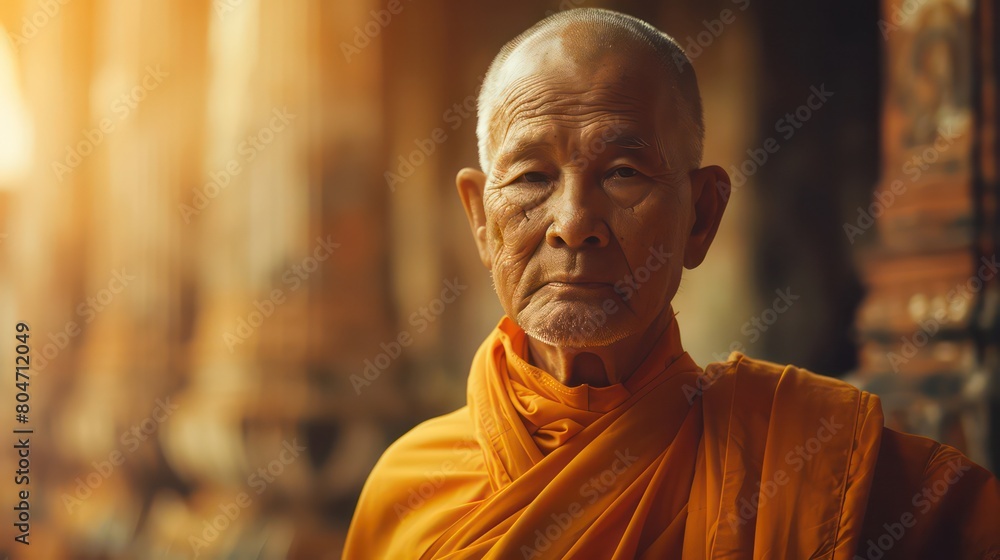 Naklejka premium Traditional Buddhist Monk Older Man. Standing in Temple Monastery.. Serious Look Centered Portrait. Concept of Religion, Robes, and Praying