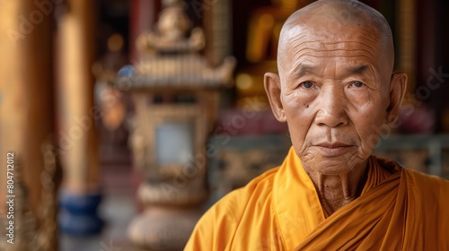 Traditional Buddhist Monk Older Man. Standing in Temple Monastery.. Serious Look Centered Portrait. Concept of Religion, Robes, and Praying