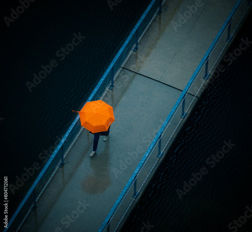 aerial view of a person walking on a bridge with an umbrella
