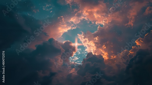 Troubled sky with a luminous cross hanging between the clouds