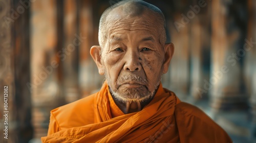 Traditional Buddhist Monk Older Man. Standing in Temple Monastery.. Serious Look Centered Portrait. Concept of Religion, Robes, and Praying © Ibad