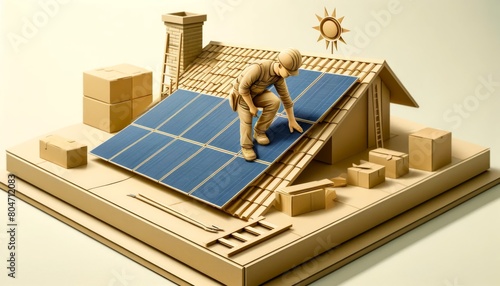 3D Layered Art of Construction Worker and Solar Panel Installation