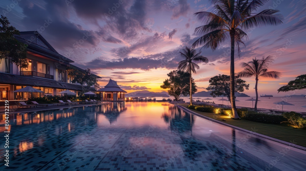 Fototapeta premium A picturesque portrayal of a tropical resort pool gleaming under a vibrant sunset, with reflections on the water surface