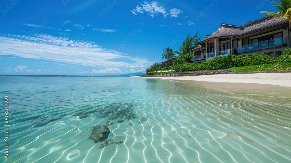 Fototapeta premium Experience the ultimate getaway with a pristine beachfront villa overlooking the crystal clear waters and white sandy beach