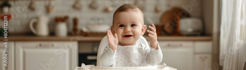 Joyful baby claps in high chair at kitchen, mealtime setting, exuding happiness photo