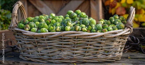 Brussels sprouts in basket photography. Freshly harvested Brussels sprouts nestled in a basket. This horizontal banner poster showcases the bounty of a fall garden with Brussels sprouts