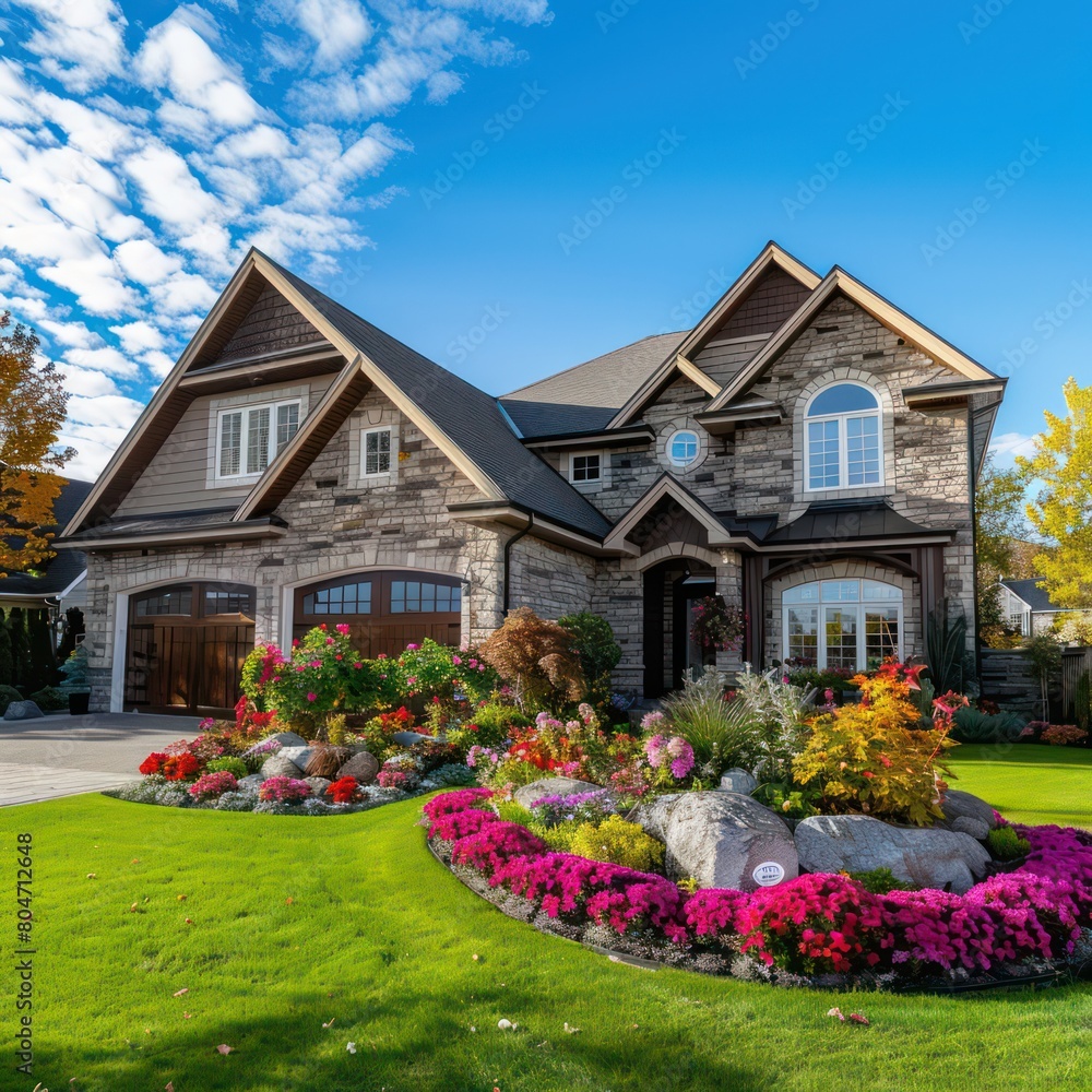 An elegant stone home with detailed masonry, large windows, and a striking garden with vibrant flower beds