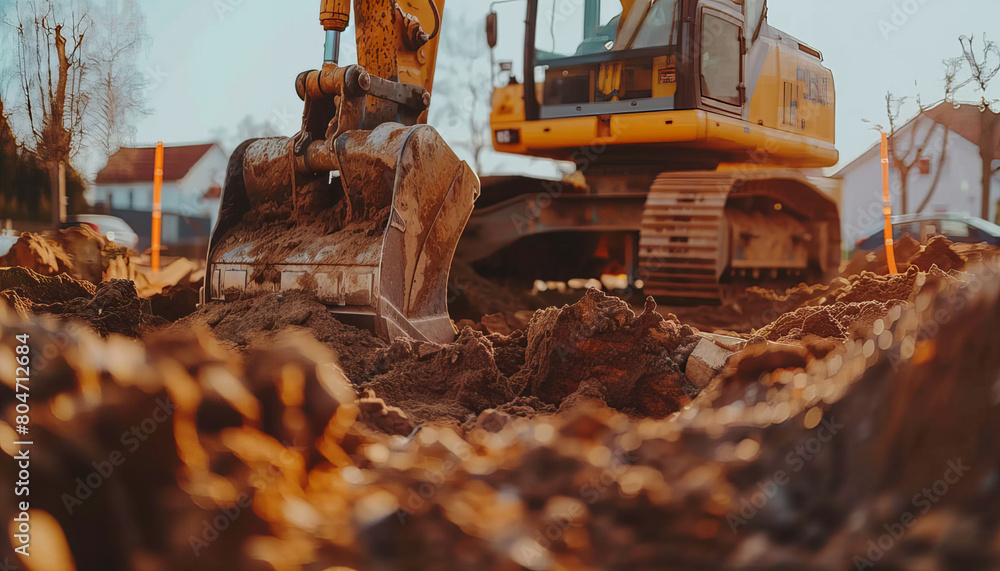 Fototapeta premium Yellow excavator working by digging a hole in the soil, dirty work.