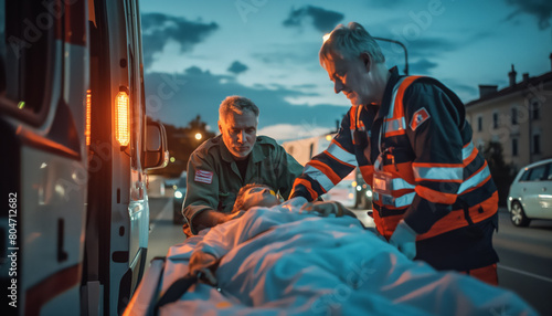 Paramedics loading injured person into ambulance van in the evening. Generative AI