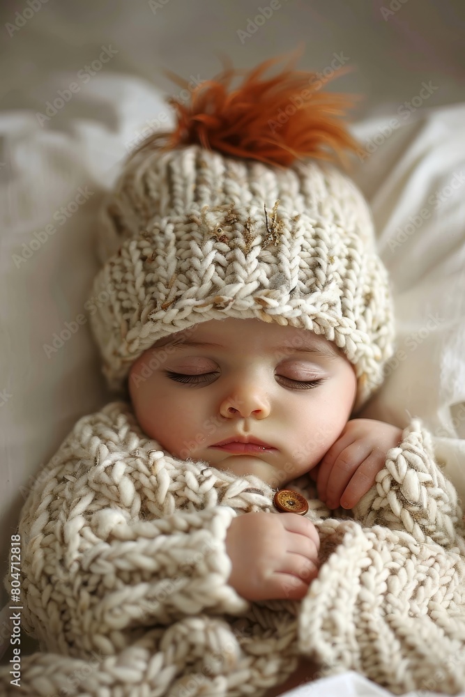 Sleeping peacefully, a newborn rests in a gentle, soft knitted hat under calming natural light Sleeping peacefully, a newborn rests in a gentle, soft knitted hat under calming natural light