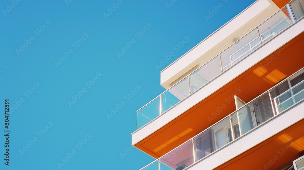 Fototapeta premium A contemporary building showcasing bold orange accents and expansive glass windows under a blue sky