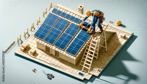 Realistic 3D Paper Art of a Worker Aligning Solar Panels on a Roof