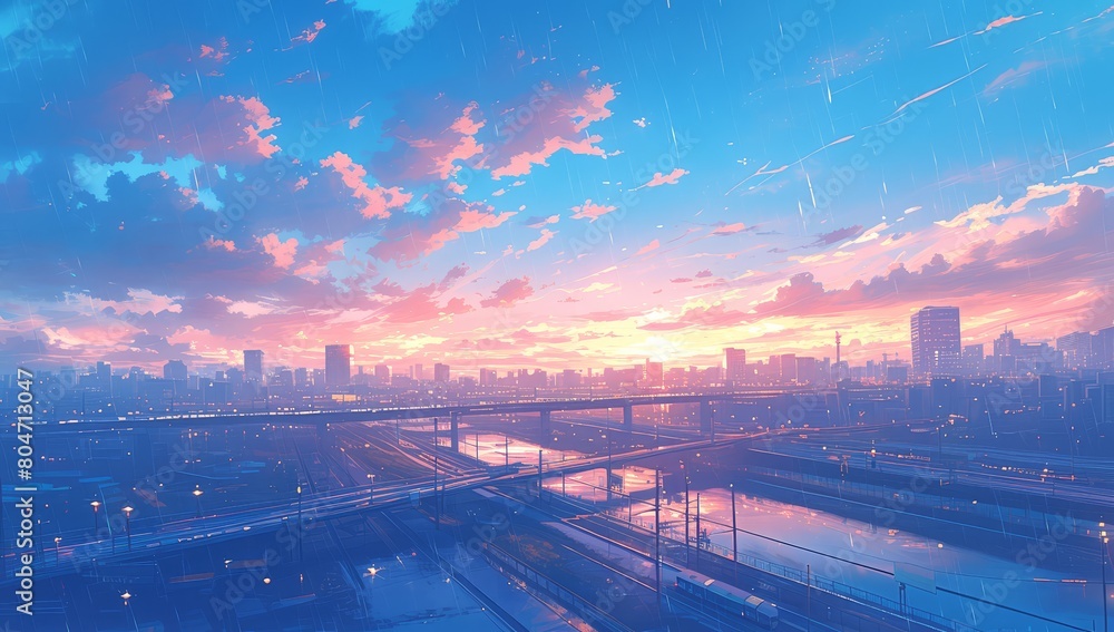 A city street in the distance, sunset, clouds, lights on buildings, rain and wet roads, in the style of anime