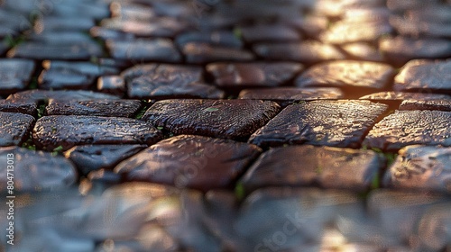  Cobblestone street with water droplets and grass