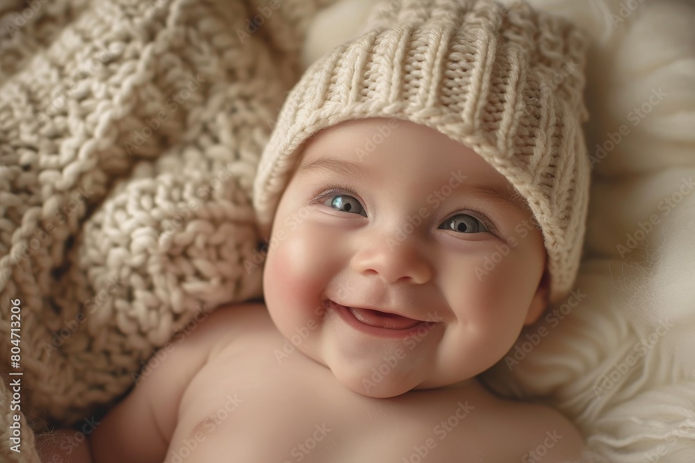 The close-up portrait captures a smiling baby in a soft, knitted cap under warm indoor lighting, exuding contentment The close-up portrait captures a smiling baby in a soft, knitted cap under warm indoor lighting, exuding contentment