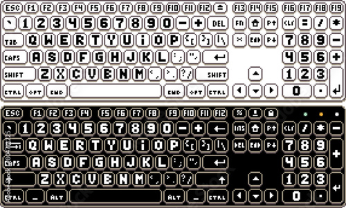 Pixel art 100% keyboard layout. Qwerty keys with numeric keypad vector illustration
