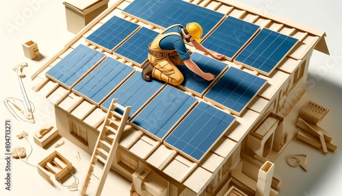 3D Layered Art of Construction Worker and Solar Panel Installation