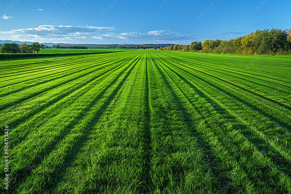 A panoramic view of a sprawling lawn with alternating stripes from a lawn mower, under a clear blue sky, the grass a rich shade of green.