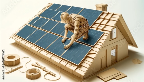 3D Layered Paper Art of a Construction Worker Installing Solar Panels